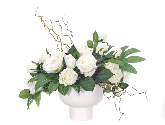 Rose, White, in Ceramic Bowl Faux Arrangement, 19″