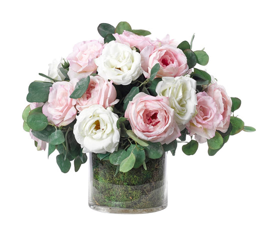 Rose, Pink White, in Glass Cylinder, Moss Garden Faux Moss Garden, 18″