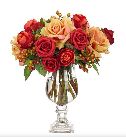 Rose, Orange Red, in Glass Urn Faux Watergarden, 16″
