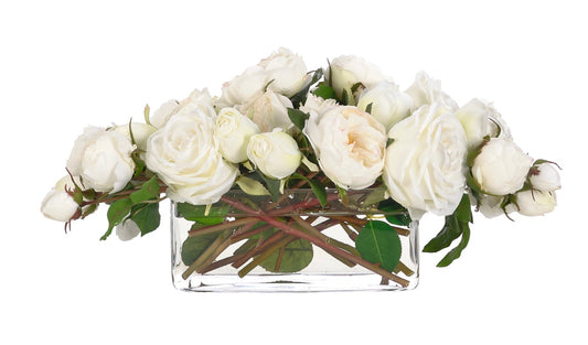 Rose, White, Glass Rectangle Faux Watergarden, 7″