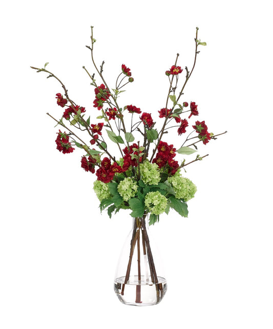Apple Blossom Hydrangea, Red Green Glass Vase, Faux Watergarden, 32″