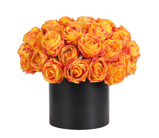 Rose, Orange, Ceramic Pot Black Faux Arrangement, 11″
