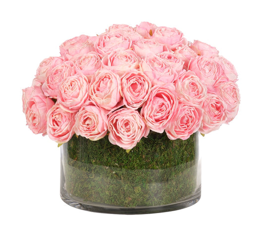 Rose, Pink, Glass Bowl Faux Moss Garden 11″