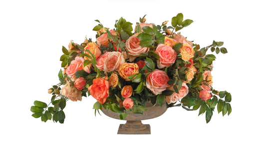 Rose, Orange, in Terracotta Urn Faux Arrangement, 21″
