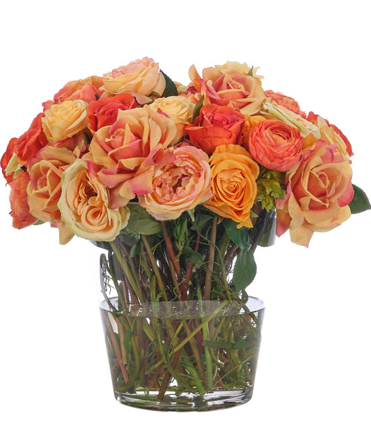 Rose, Orange Peach, Glass Vase Faux Watergarden, 16″