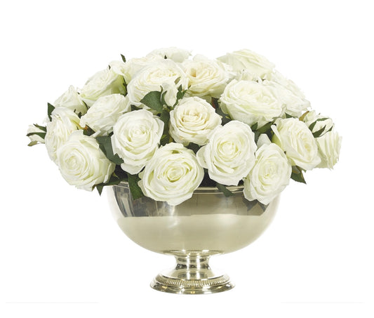 Rose, Cream White, Silver Bowl Pedestal Faux Arrangement, 15″