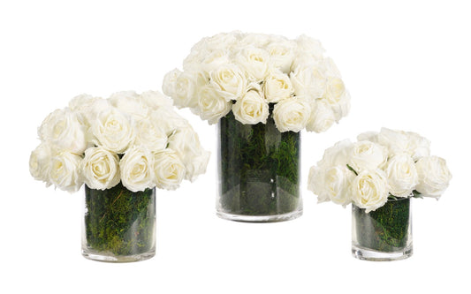 Rose, White, Glass Cylinder Set of 3, Faux Moss Garden13″