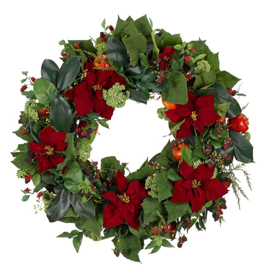 Wreath Poinsettia Apple, Red Faux Greenery, 33″