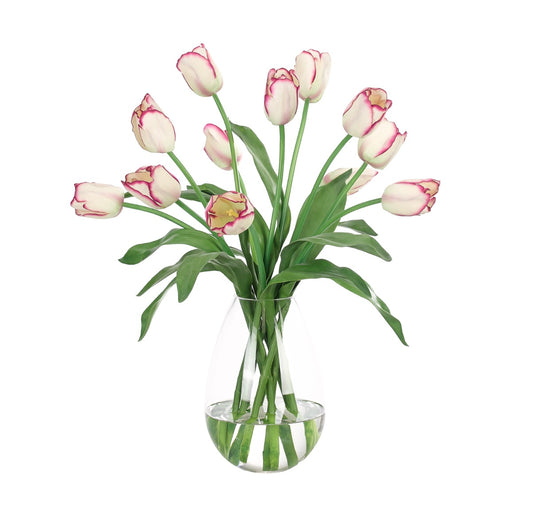 Tulip, Cream Purple, in Glass Vase Faux Watergarden, 22″