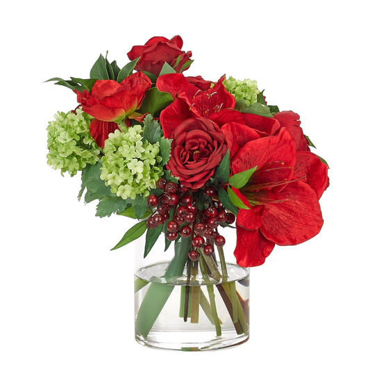 Amaryllis Red Green, Glass Vase Faux Watergarden, 12″