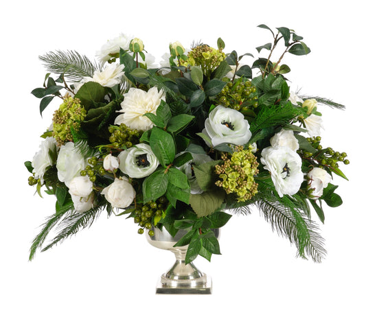 Dahlia Hydrangea, White Green Pedestal Bowl, 28wx27dx22h Faux Arrangement, 22″